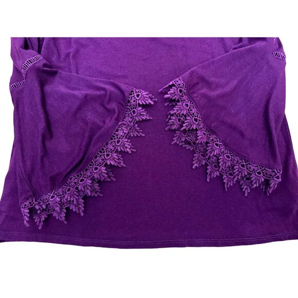 Coverstitched Burgundy Lace Trim Bell Sleeve Top Size M - Picture 9 of 9